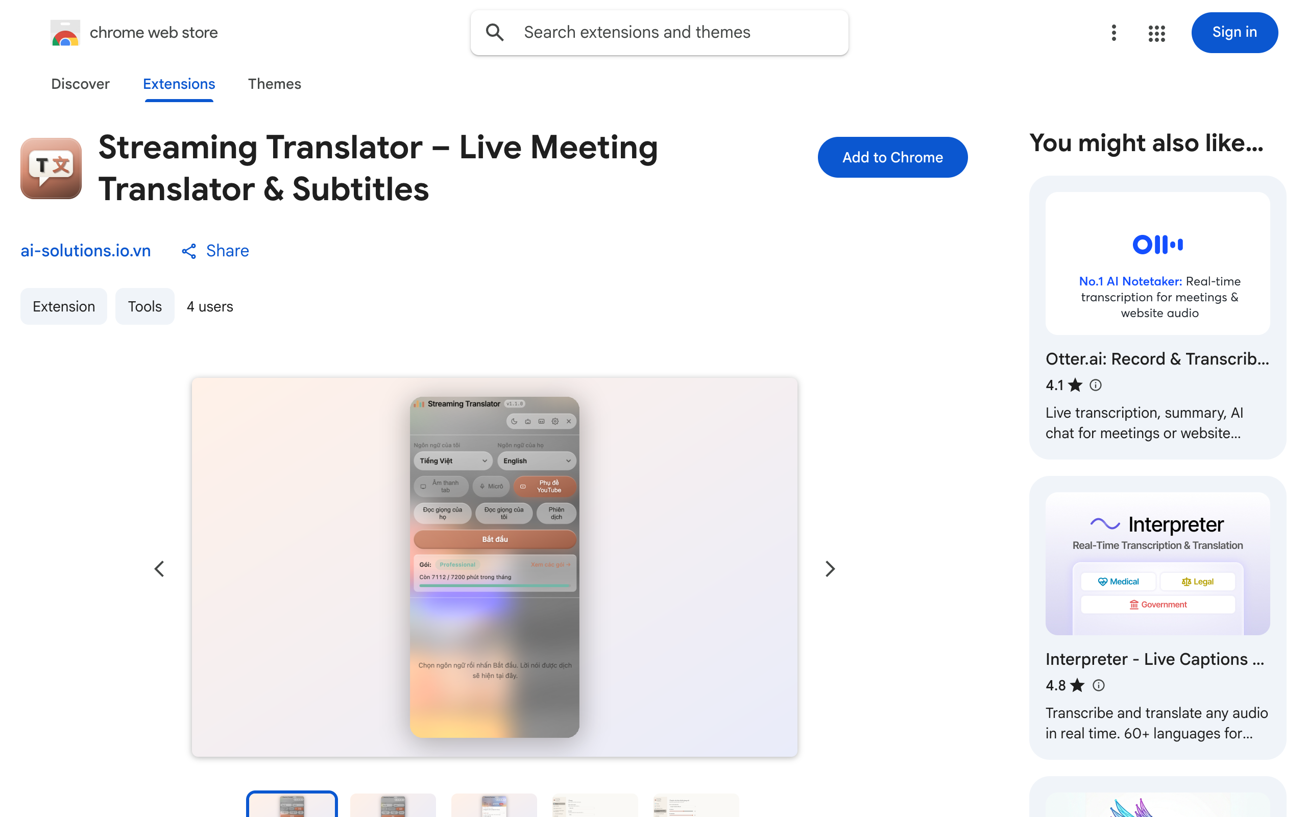 Trang Chrome Web Store của AI Live Translator với nút Add to Chrome